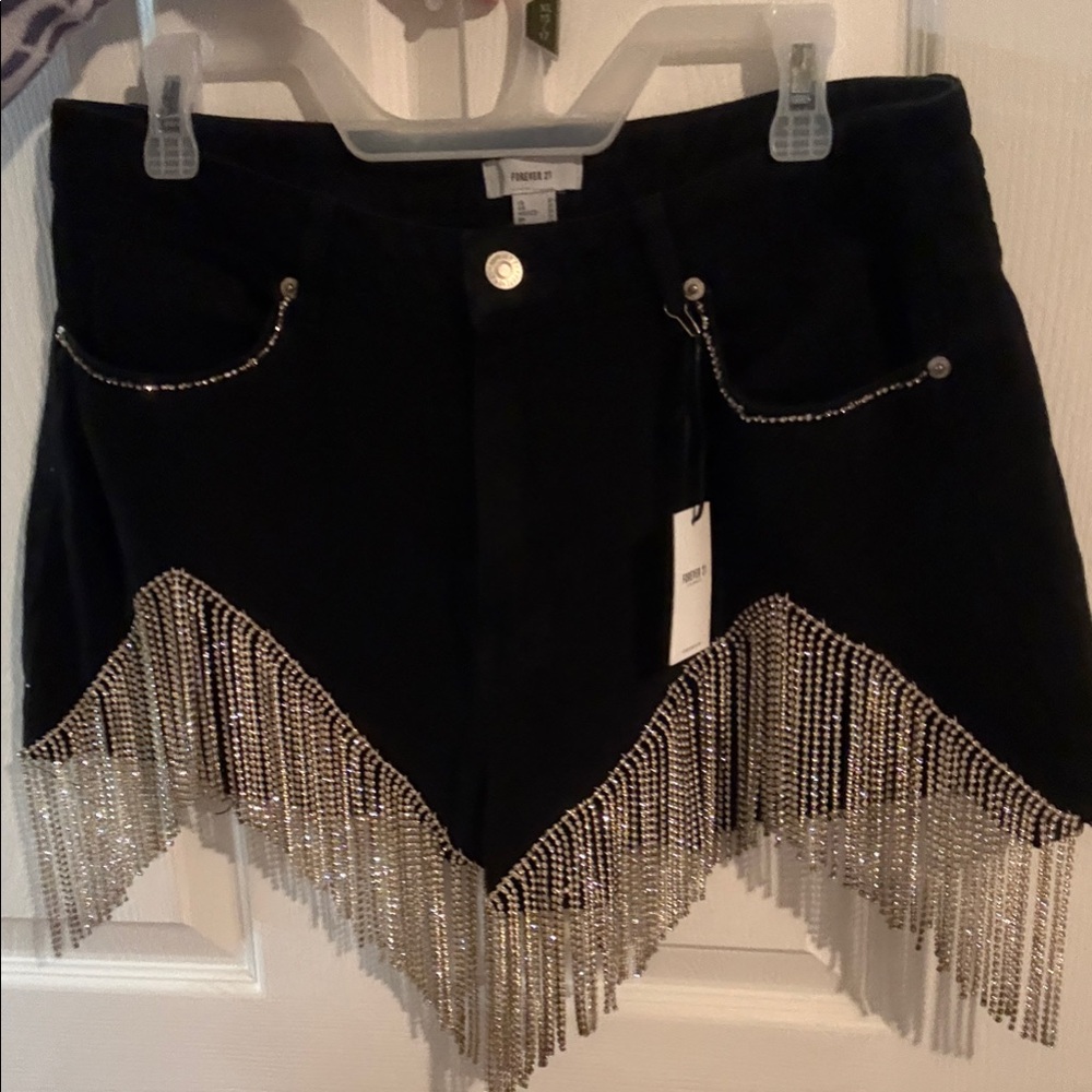 Forever 21 Black Jean Shorts with Silver Fringe
